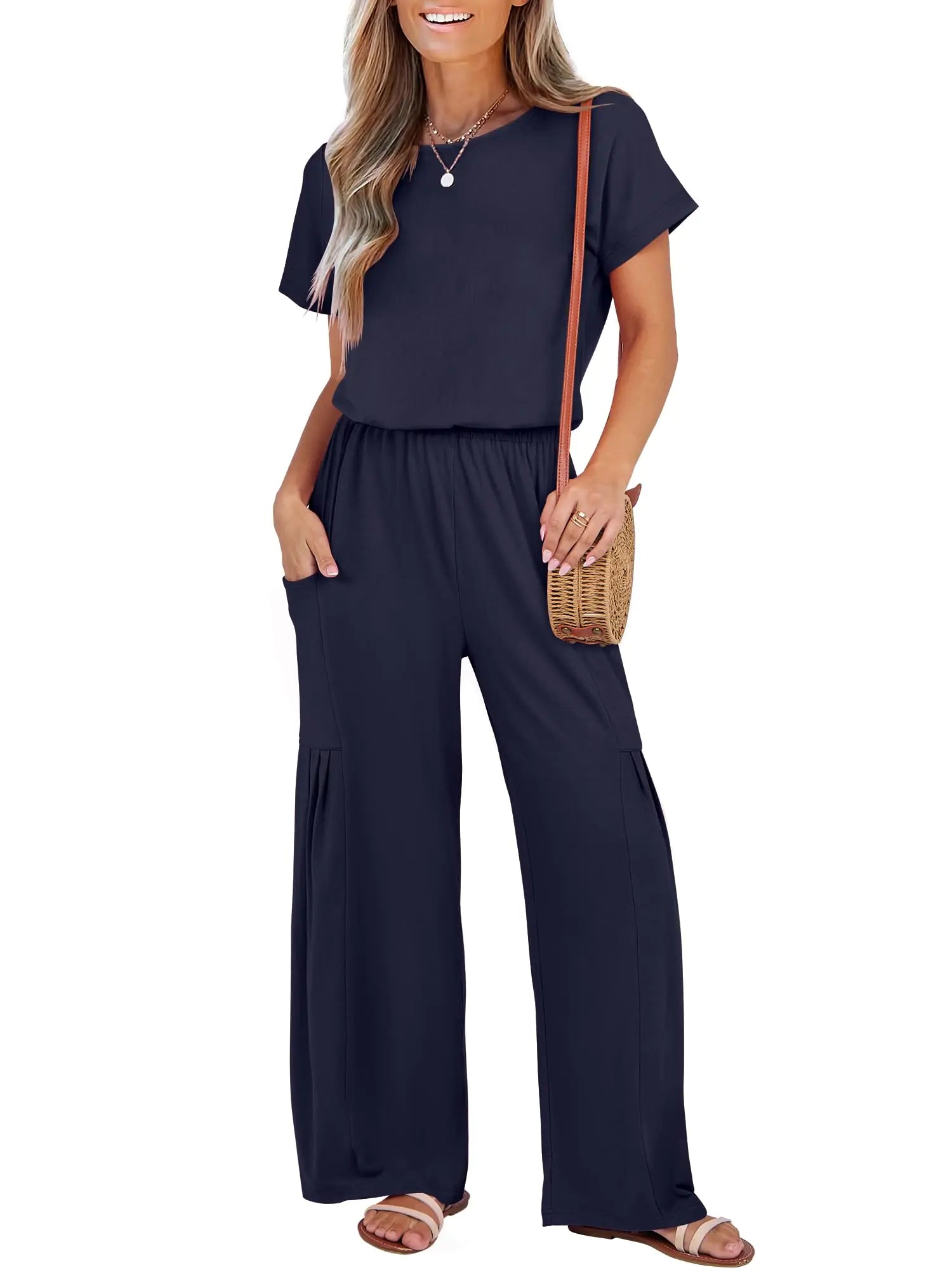 ANRABESS Women Jumpsuits 2025 Summer Casual Loose Short Sleeve Wide Leg One Piece Jumper Romper Outfits Trendy Clothes Navy Blue Medium