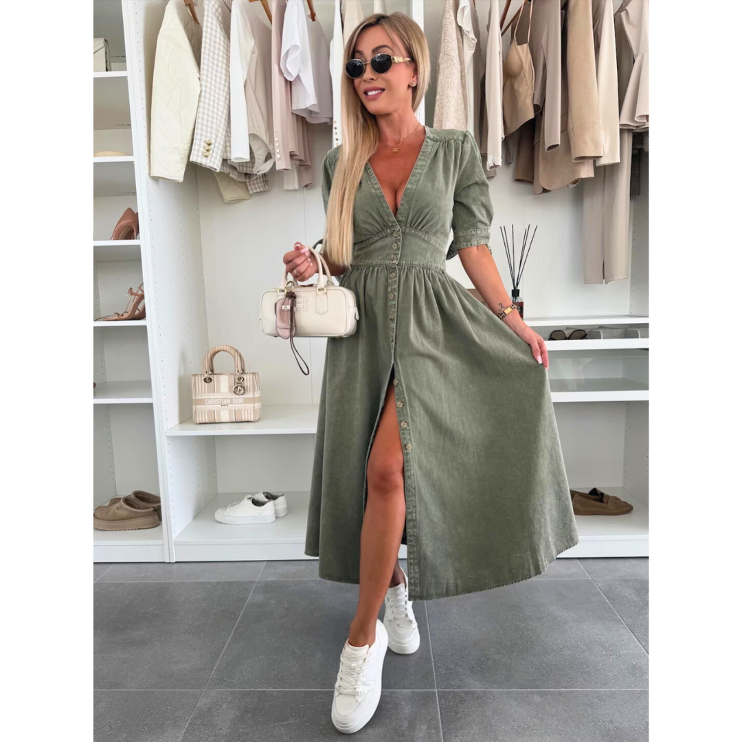 MAELLE– Elegant V-Neck Midi Dress